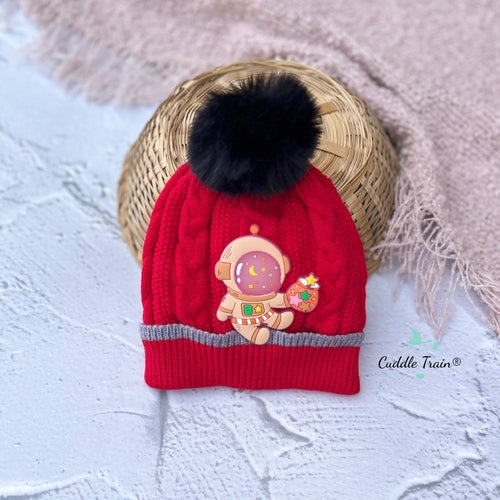 Astro Pompom Red Woolen Cap – Cuddle Train - Main Image