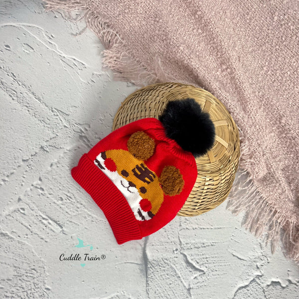Fur Ears Pompom - Woolen Cap(Red)