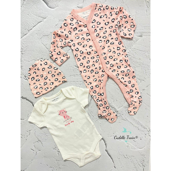 Cheetah Floret Pink (3pc)-Sleep suit / Bodysuit / Cap