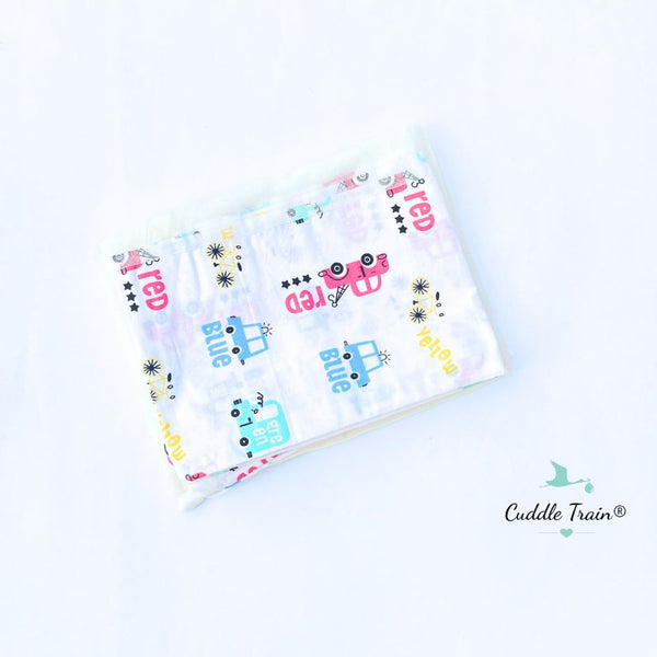 Baby mosquito net for thottil with car pattern on a white background, featuring the brand 'Cuddle Train'.
