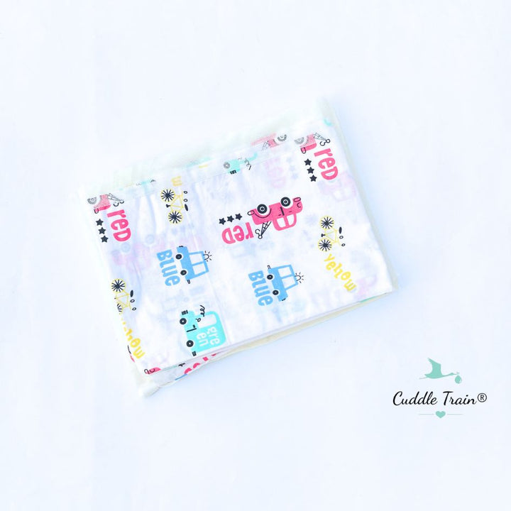 Baby mosquito net for thottil with car pattern on a white background, featuring the brand 'Cuddle Train'.