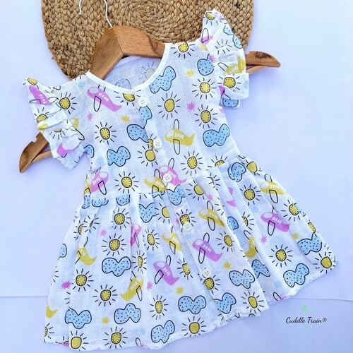 Children's dress with butterfly sleeves and colorful pattern on a white background