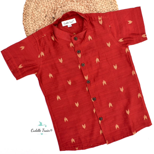 Red shirt with small patterns on a white background