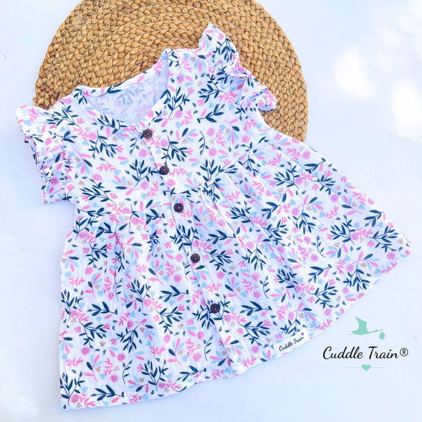 Floral dress with ruffled sleeves on a white background, branded 'Cuddle Train'.