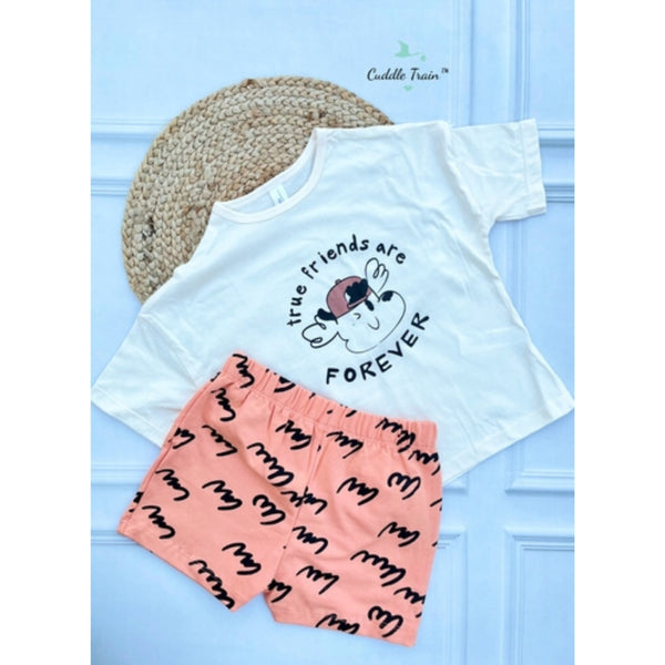Friends Forever(Ivory & Orange)-Relax Fit Shorts & Tees set