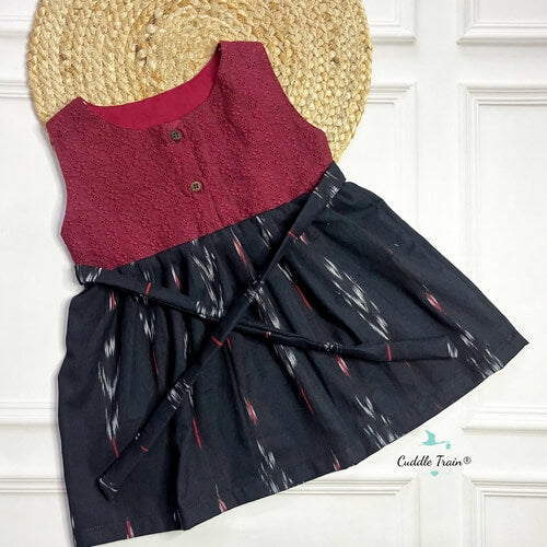 Black Ikkat with Maroon Hakoba-Premium Cotton Frock(5-6Y)