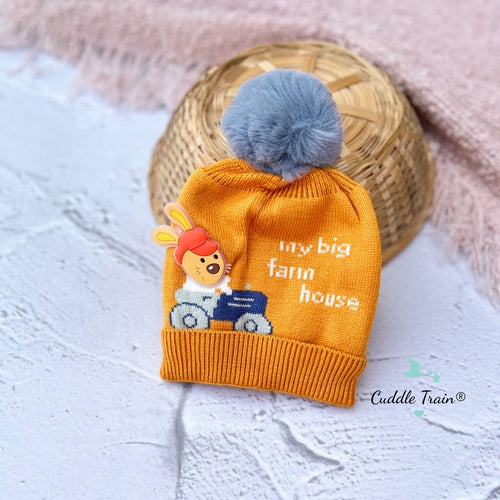 Yellow Riding Bunny Pompom - Woolen Cap