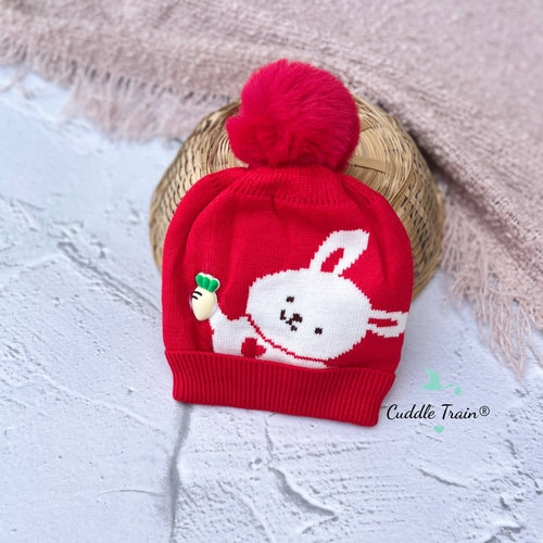 Bunny with Carrot Pompom - Woolen Cap(Red)