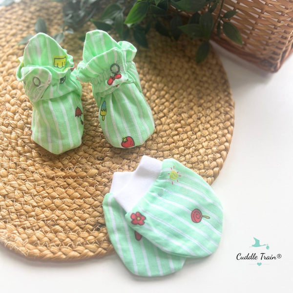 Green Stripes-Mitten & Booties(0-3m)