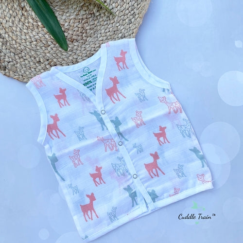 Baby vest with deer pattern on a light blue surface