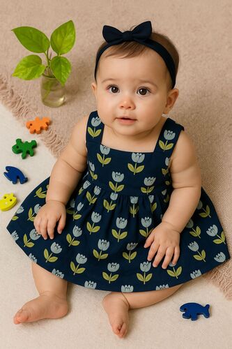 Baby in a navy dress with floral pattern sitting on a beige surface with toys around.