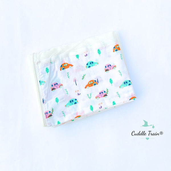 Baby mosquito net for thottil with car pattern on a white background, featuring the brand 'Cuddle Train'.