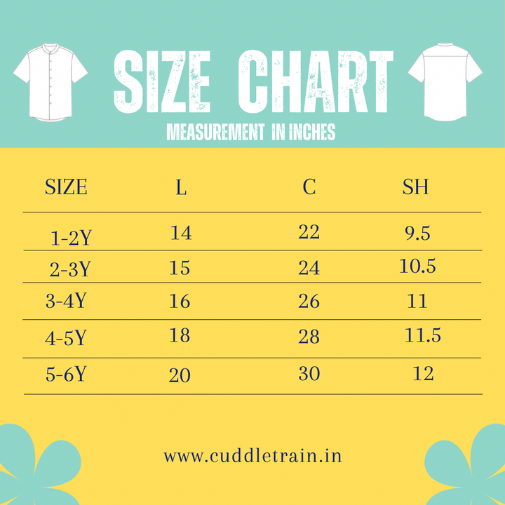 Size chart for children's shirts with measurements in inches on a yellow and blue background.
