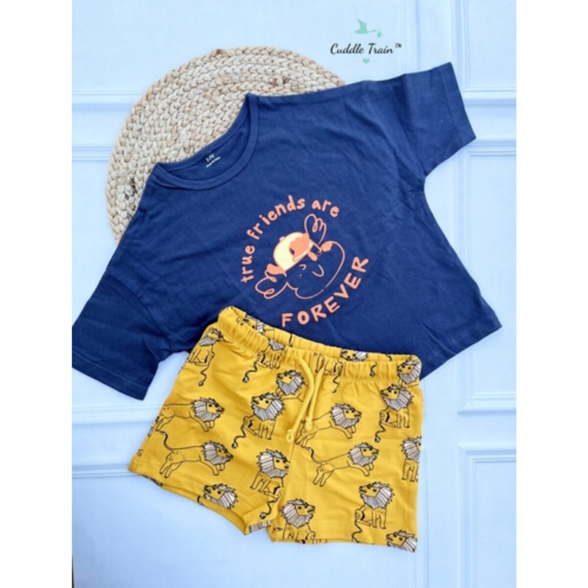 Friends Forever(Navy Blue & Yellow)-Relax Fit Shorts & Tees set - Image 1